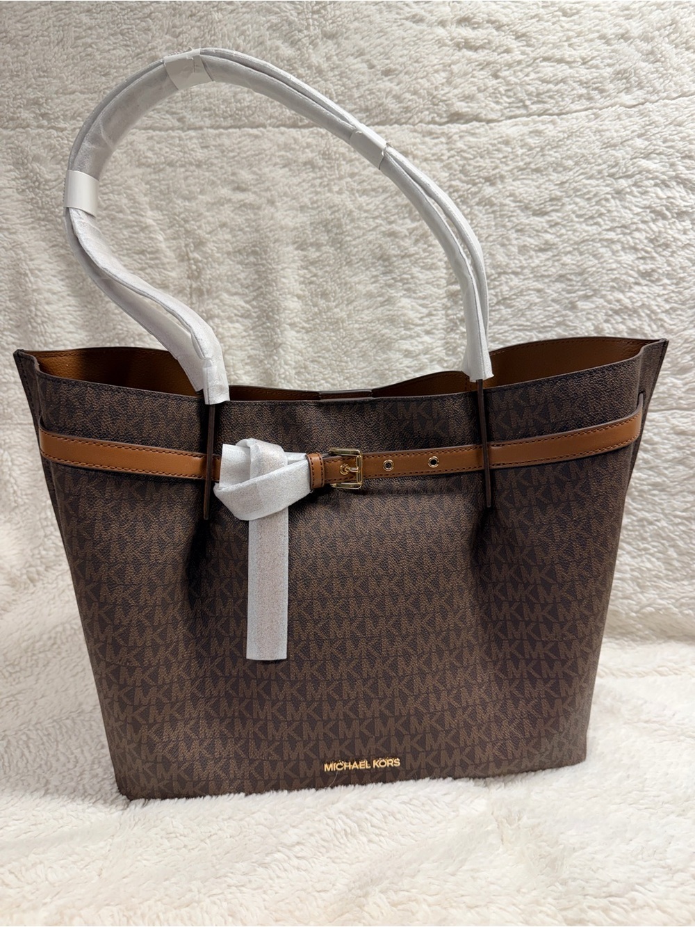 Michael Kors Brown MK Monogram Tote with Tan Trim